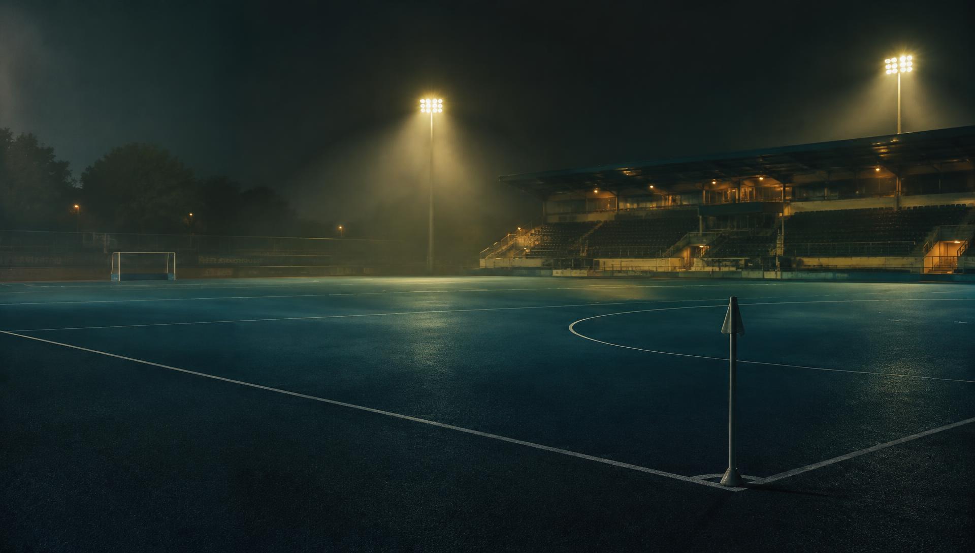 Empty hockey stadium at night under the light masts